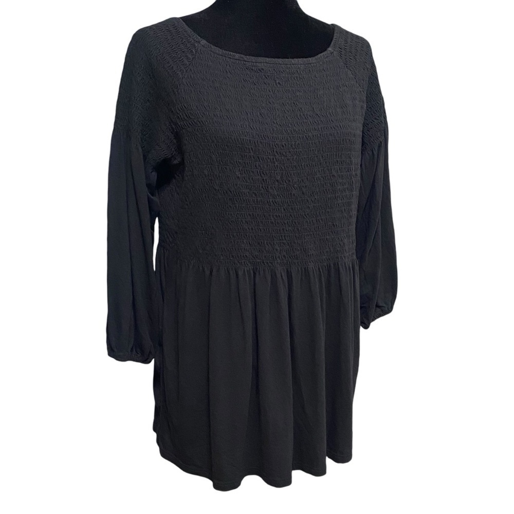 J Jill Black Smocked Peasant Boho Top Medium Cottagecore Blouse